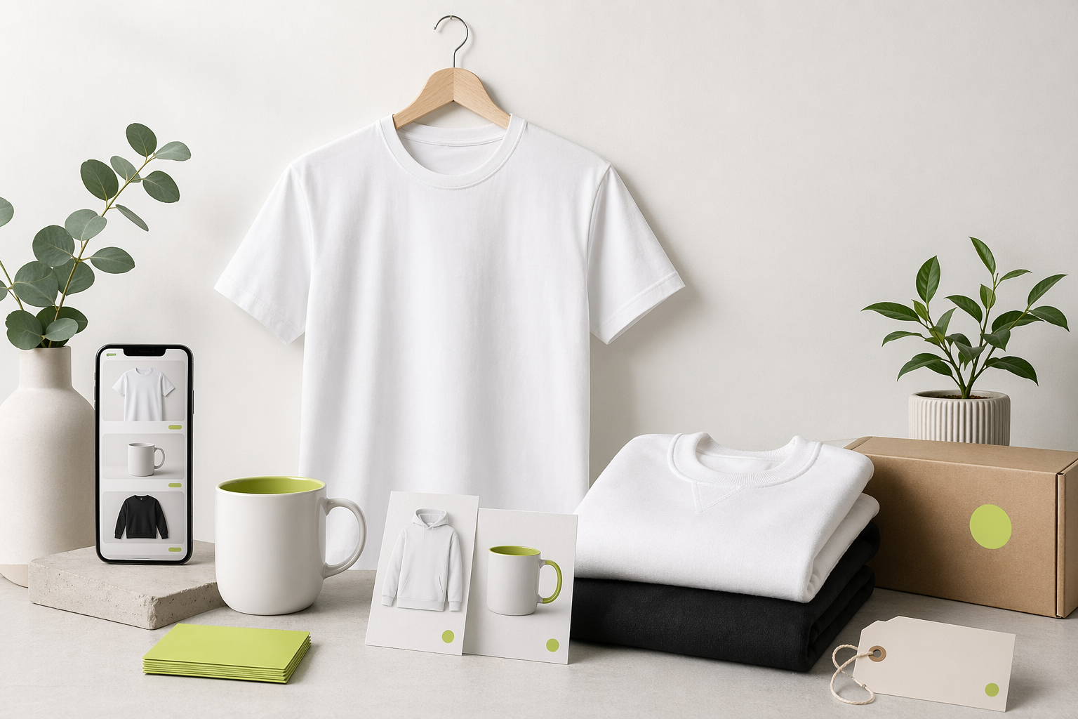 Finished print-on-demand product mockups arranged for an ecommerce listing