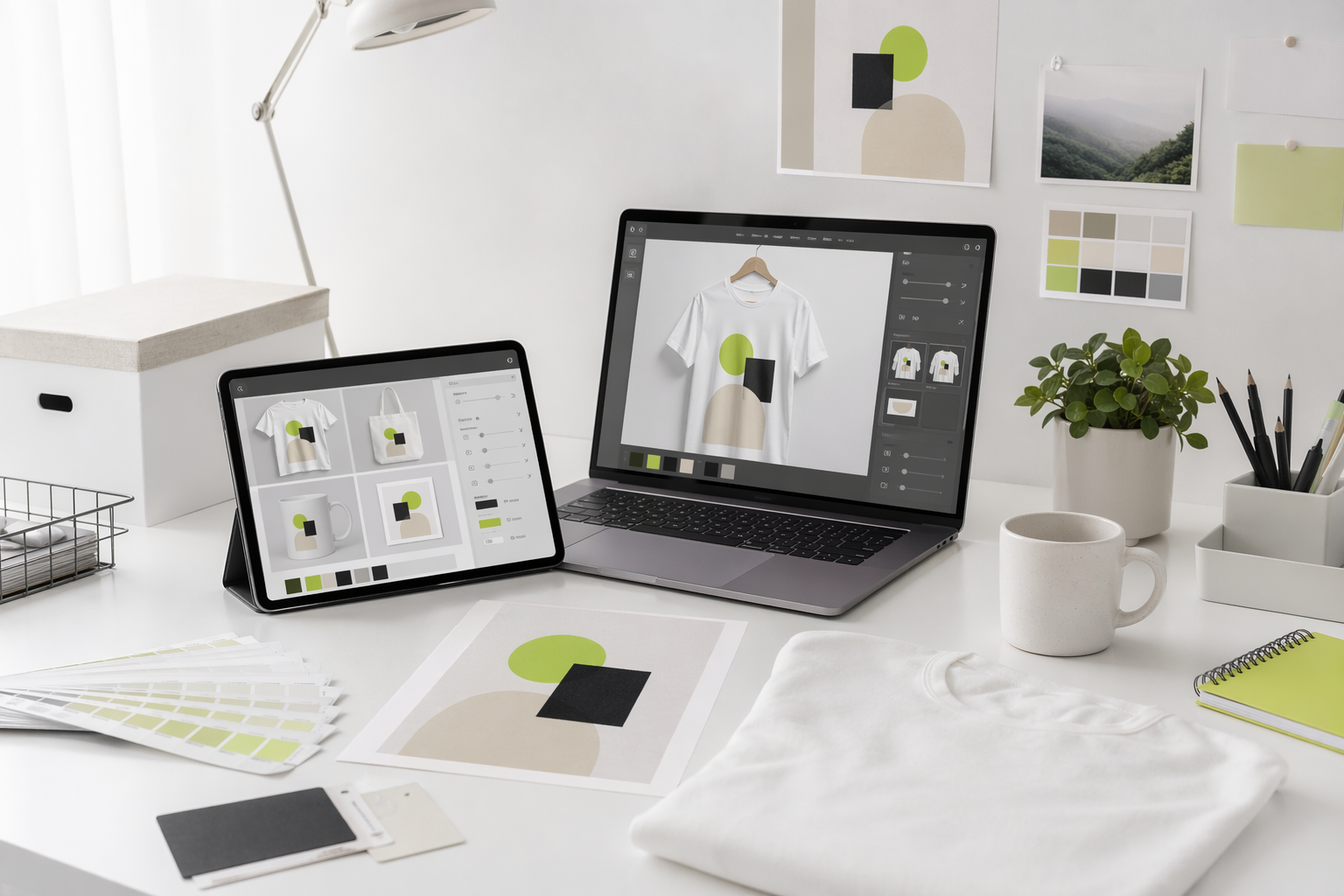 Print-on-demand studio workspace for refining product artwork and mockups
