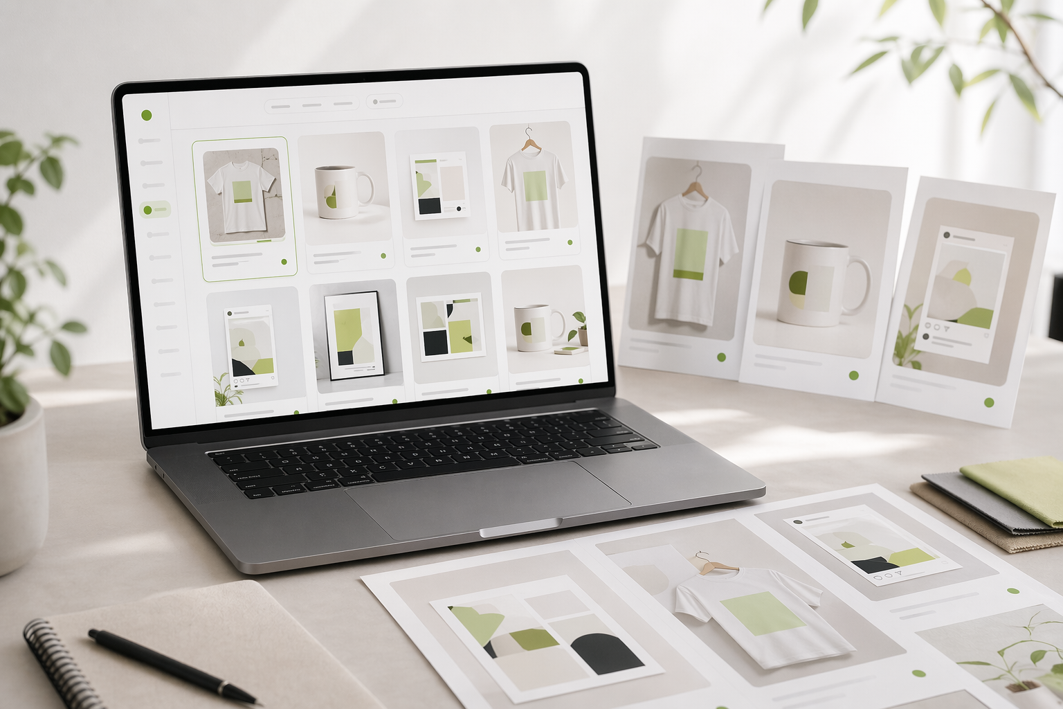 Template library workspace with print-on-demand product launch assets